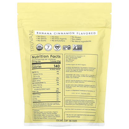 Truvani, Certified Organic Plant Based Protein, Banana Cinnamon, 0.69 lbs (315 g)