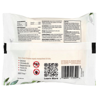 Quantum Health, Buzz Away Extreme®, Repels Mosquitoes & Ticks, 20 Towelettes, 2.58 oz (73.2 g)