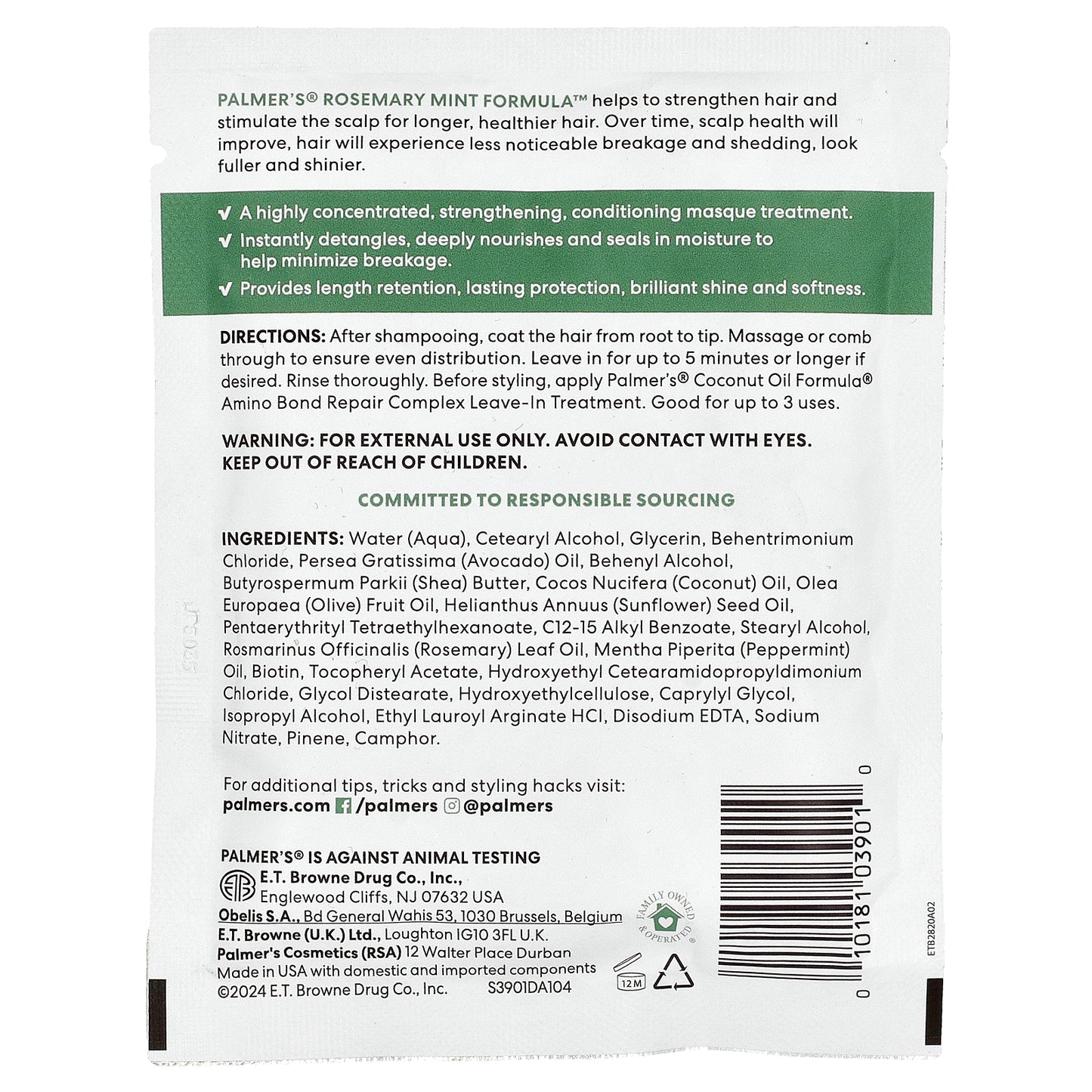 Palmer's, Rosemary Mint Formula™ With Vitamin E, Strengthening Pack, 2.1 oz (60 g)