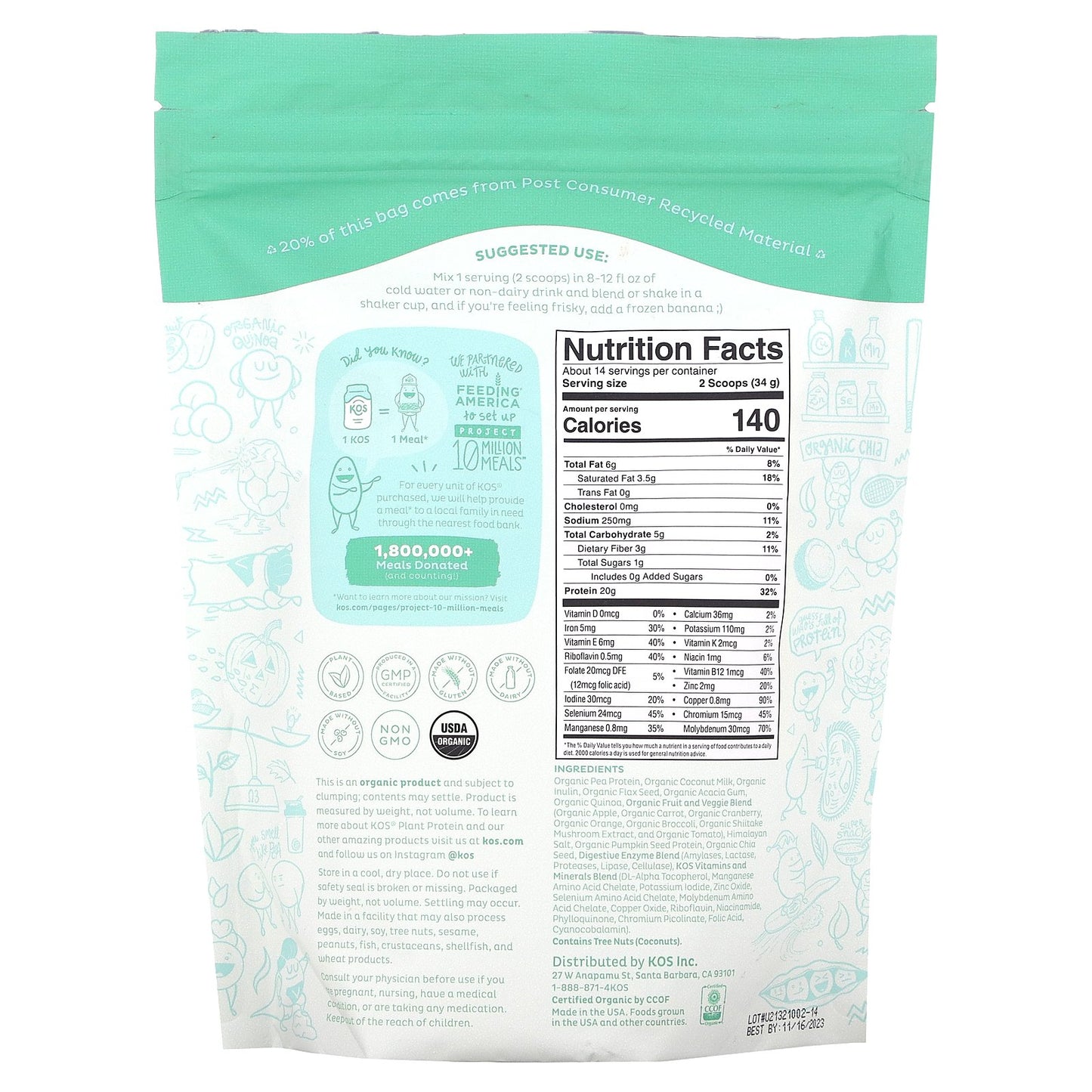 KOS, Organic Plant Protein, Unflavored, 1 lb (476 g)