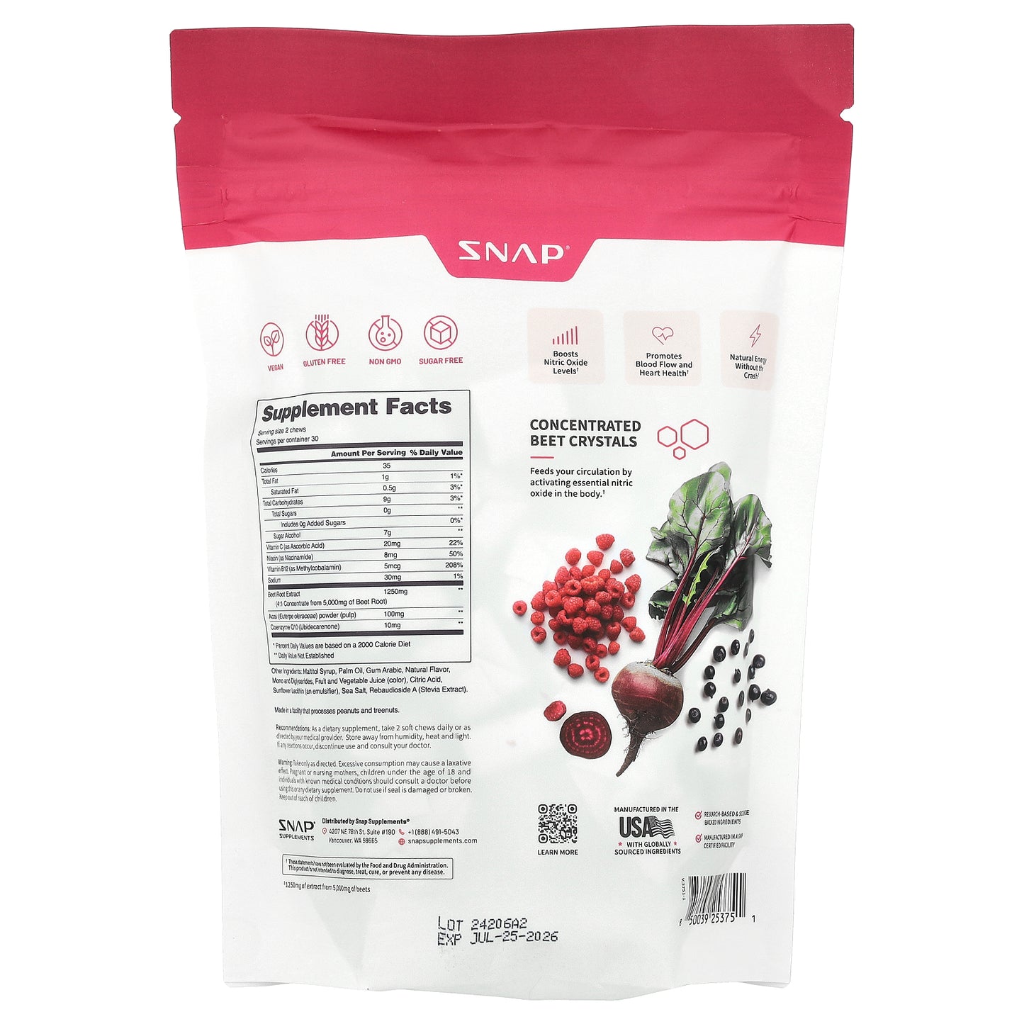 Snap Supplements, Nitric Oxide Beet Soft Chews, Sugar Free, Mixed Berry, 60 Soft Chews