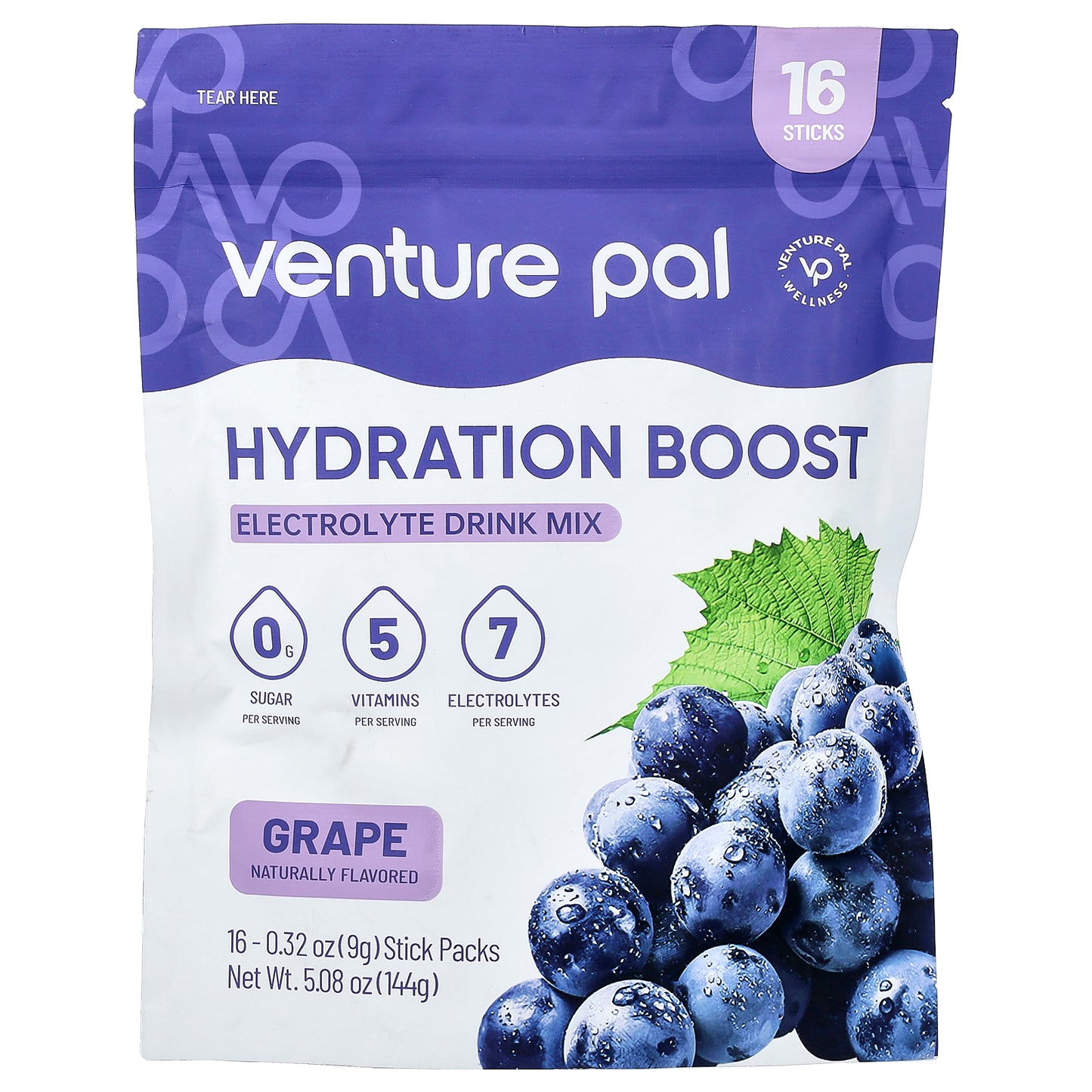 Venture Pal, Hydration Boost, Electrolyte Drink Mix, Grape, 16 Stick Packs, 0.32 oz (9 g) Each