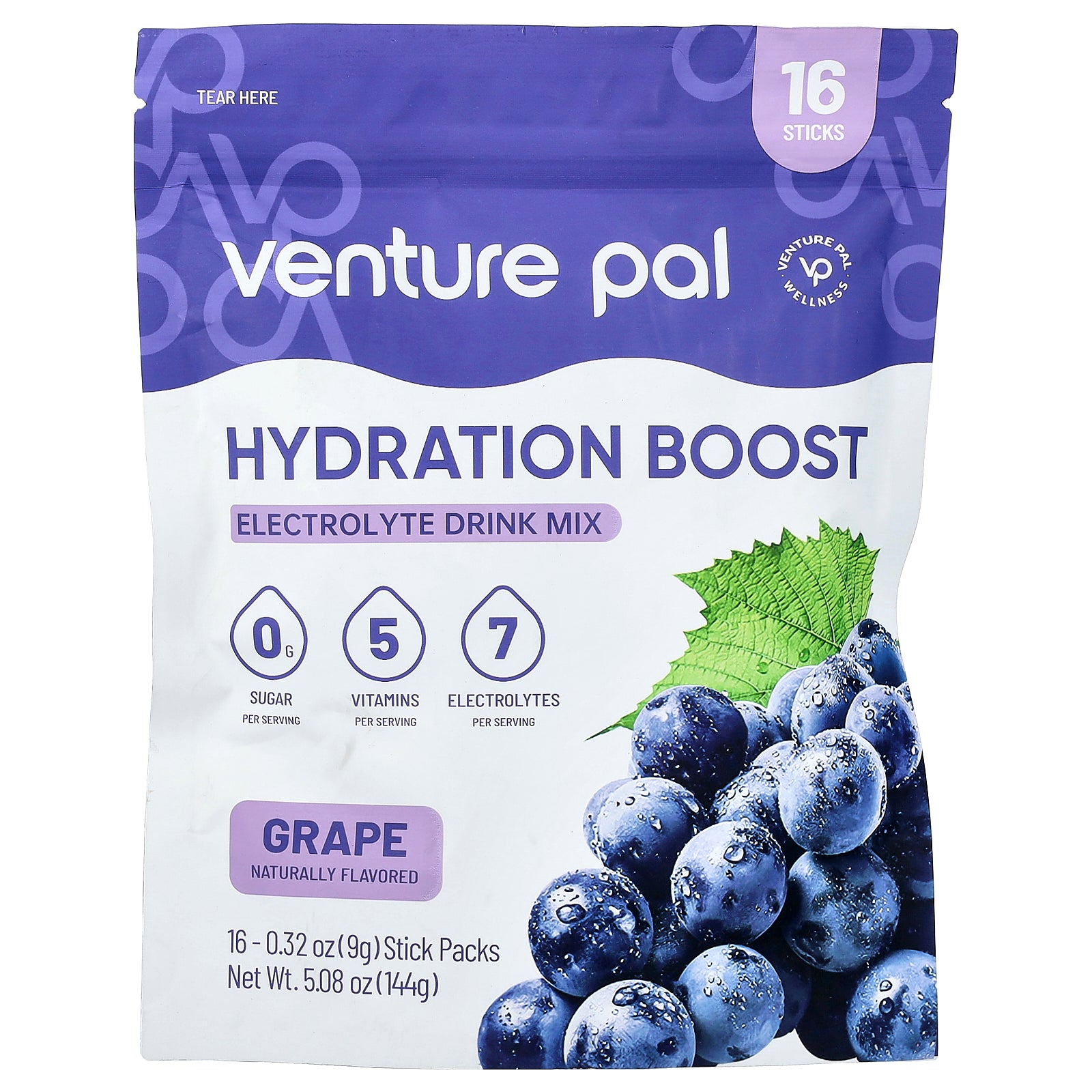Venture Pal, Hydration Boost, Electrolyte Drink Mix, Grape, 16 Stick Packs, 0.32 oz (9 g) Each
