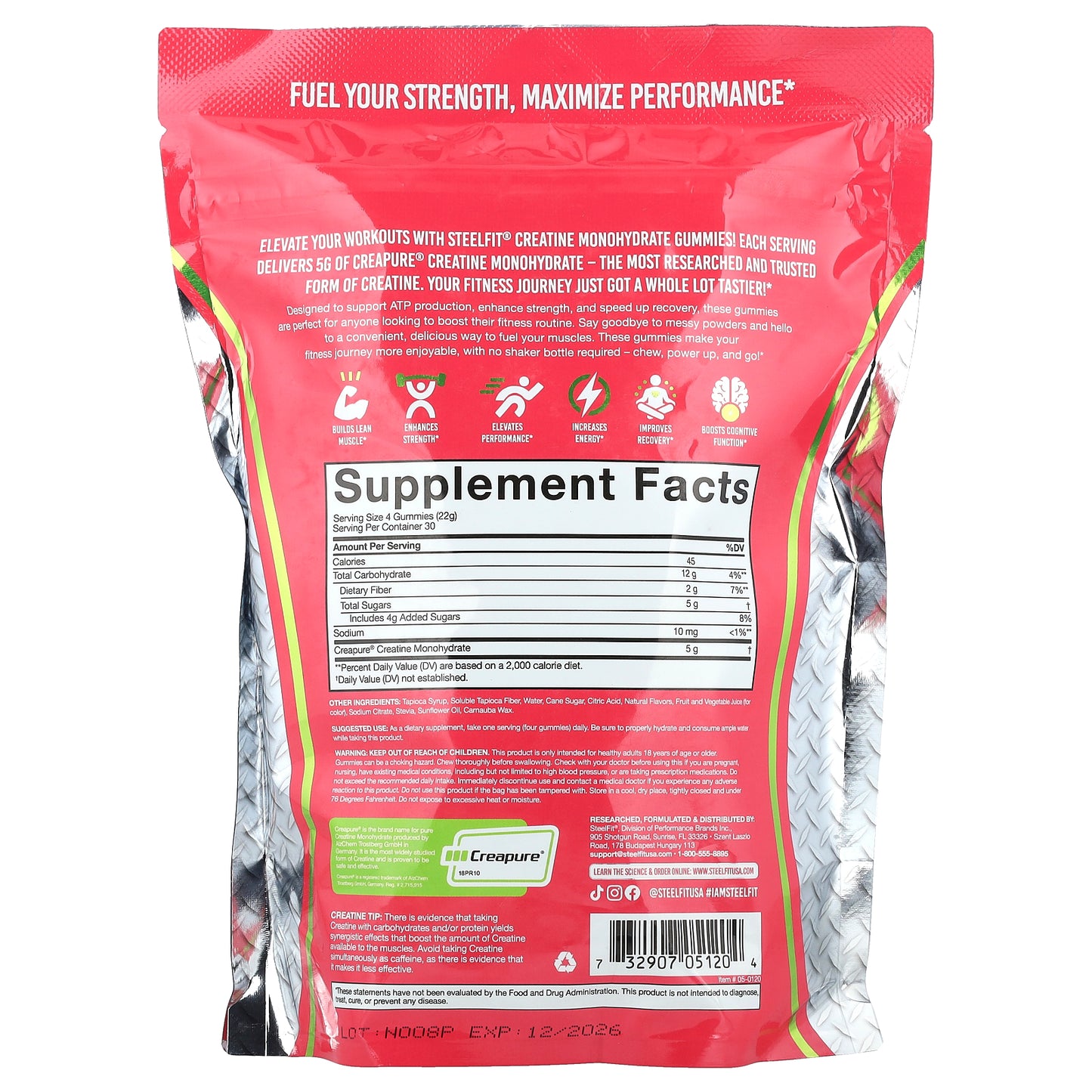 SteelFit, Creatine Monohydrate Gummies, Juicy Watermelon, 120 Gummies