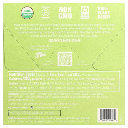 TCHO, Perfect Matcha, White Chocolate with Strawberry Filling, 3 Bars, 0.70 oz Each