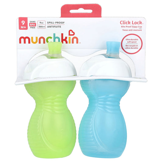 Munchkin, Click Lock™, Bite Proof Sippy Cup, 9 Months+, Light Green & Light Blue, 2 Count, 9 oz (266 ml) Each