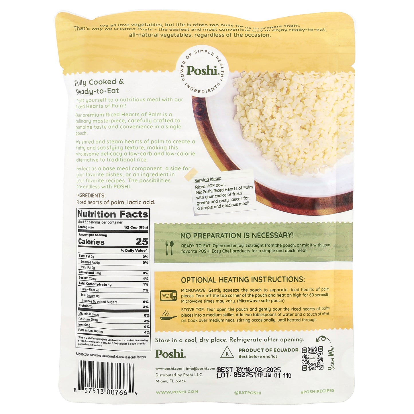 Poshi, Easy Chef, Steamed Riced Hearts of Palm, 7 oz (198 g)