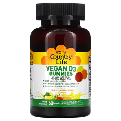 Country Life, Vegan D3 Gummies, Lemon, Strawberry & Orange Flavors, 25 mcg (1,000 IU), 60 Gummies