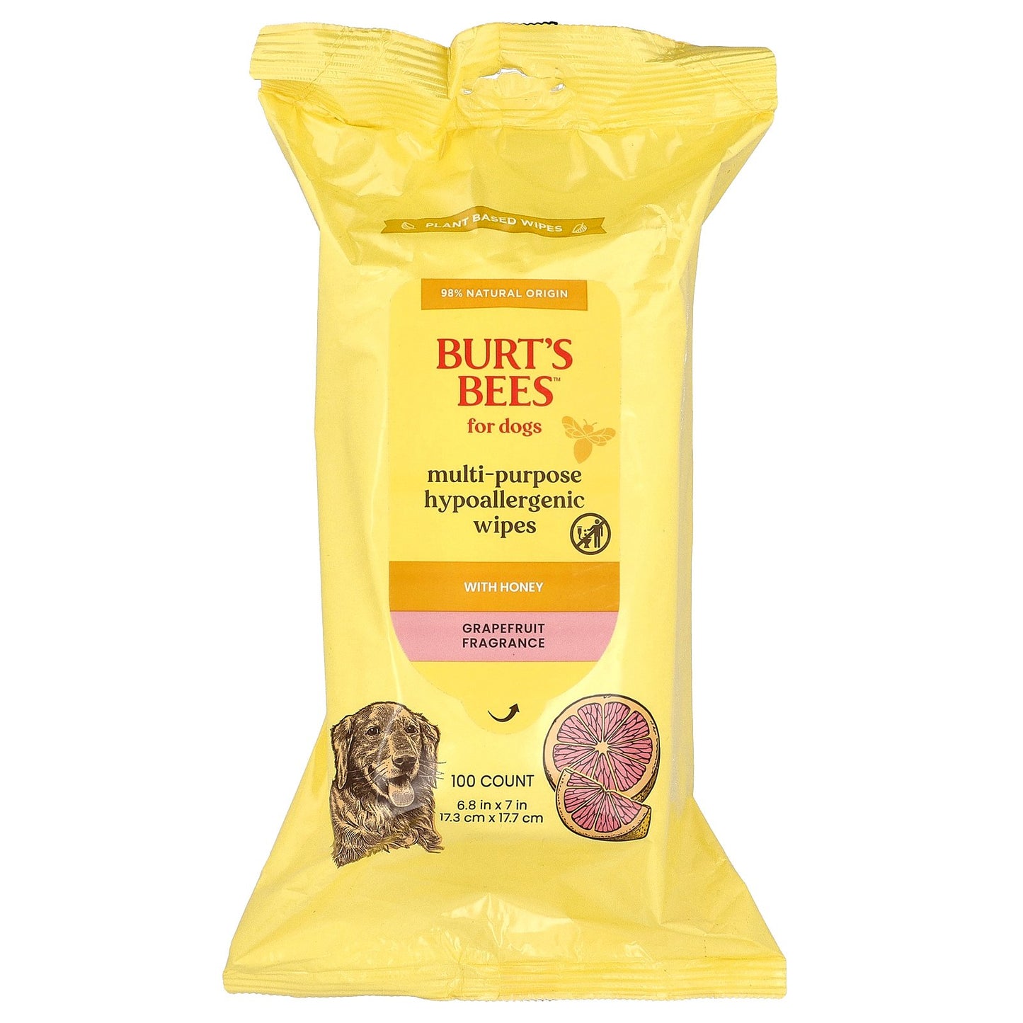 Burt's Bees, Multi-Purpose Hypoallergenic Wipes with Honey, For Dogs, Grapefruit, 100 Count
