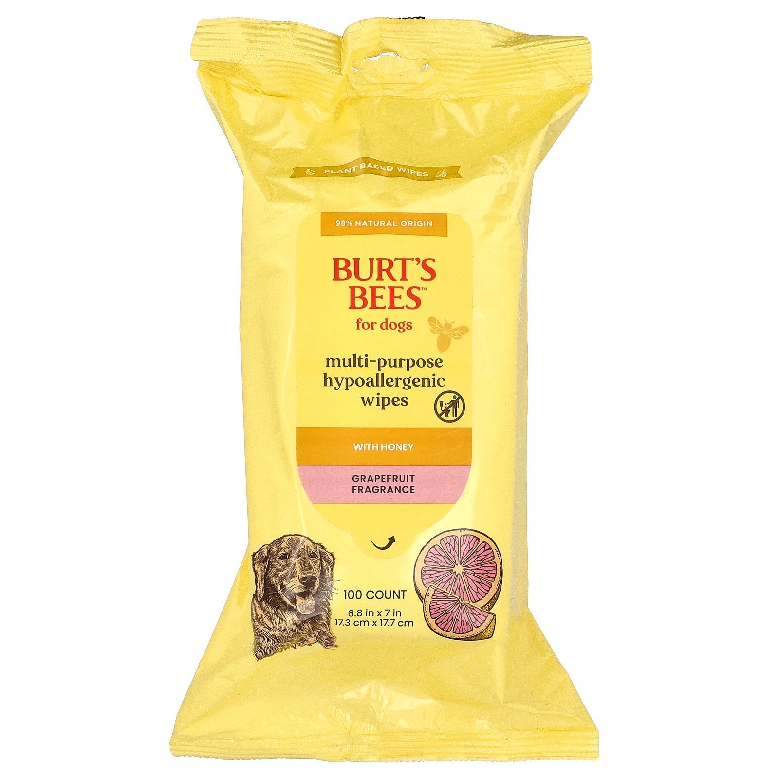 Burt's Bees, Multi-Purpose Hypoallergenic Wipes with Honey, For Dogs, Grapefruit, 100 Count