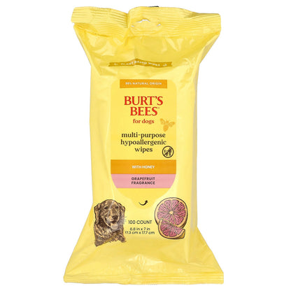 Burt's Bees, Multi-Purpose Hypoallergenic Wipes with Honey, For Dogs, Grapefruit, 100 Count