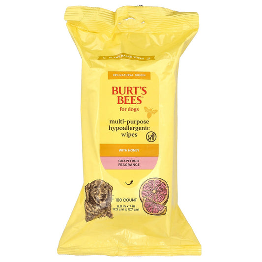 Burt's Bees, Multi-Purpose Hypoallergenic Wipes with Honey, For Dogs, Grapefruit, 100 Count