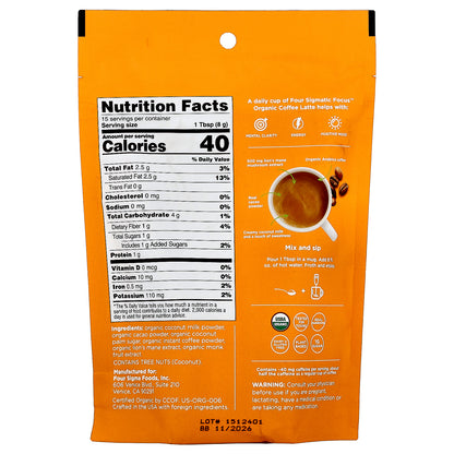 Four Sigmatic, Focus, Organic Instant Coffee Latte with Lion's Mane Mushroom, Mocha, 4.23 oz (120 g)
