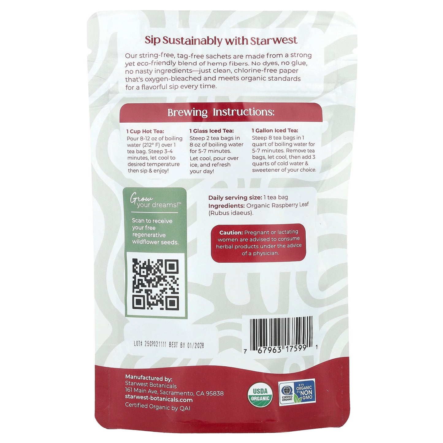 Starwest Botanicals, Organic Raspberry Leaf Tea, 20 Tea Bags, 1.04 oz (30 g)