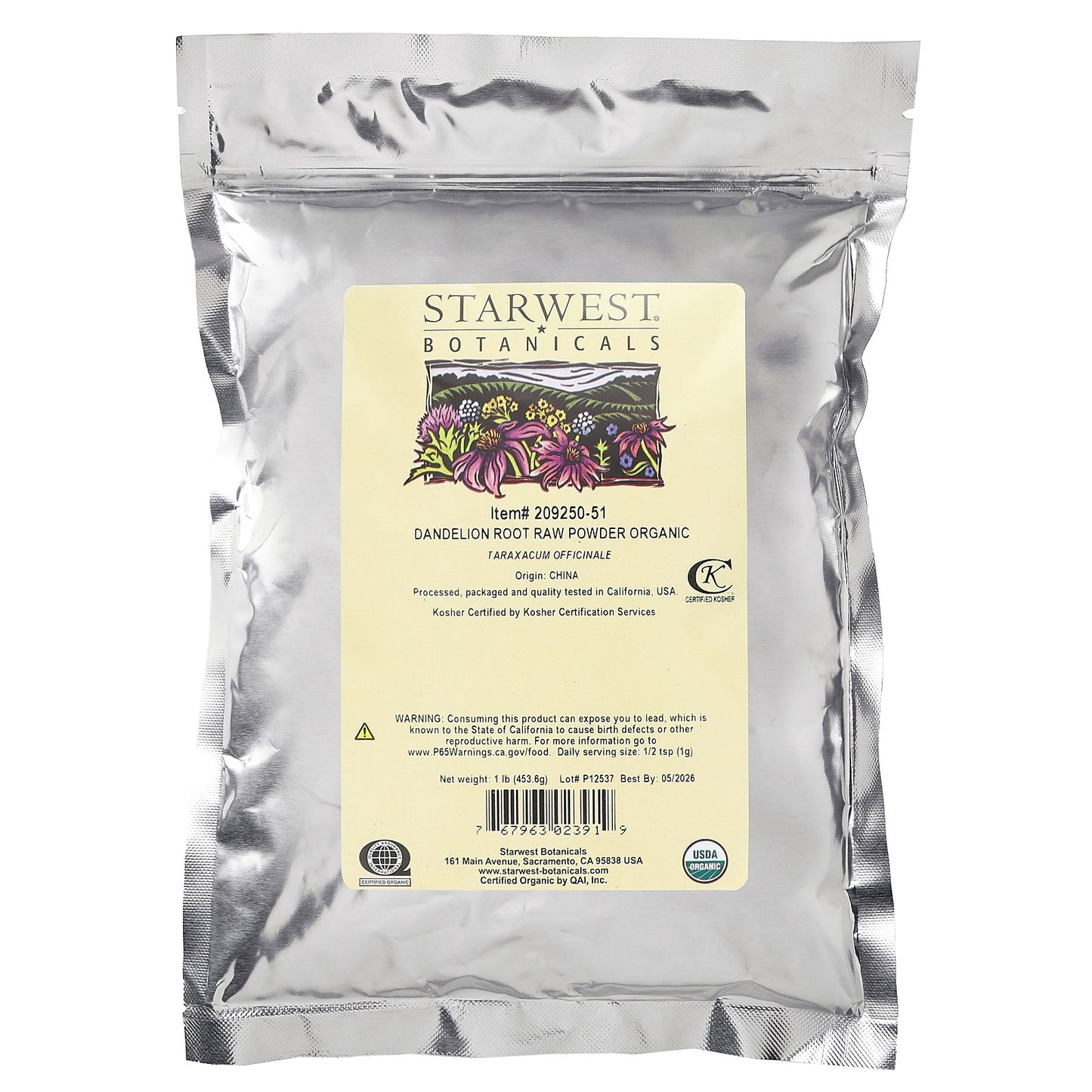 Starwest Botanicals, Organic Dandelion Root Raw Powder, 1 lb (453.6 g)