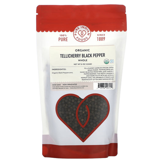 Pure Indian Foods, Organic Whole Tellicherry Black Pepper, 8 oz (226 g)