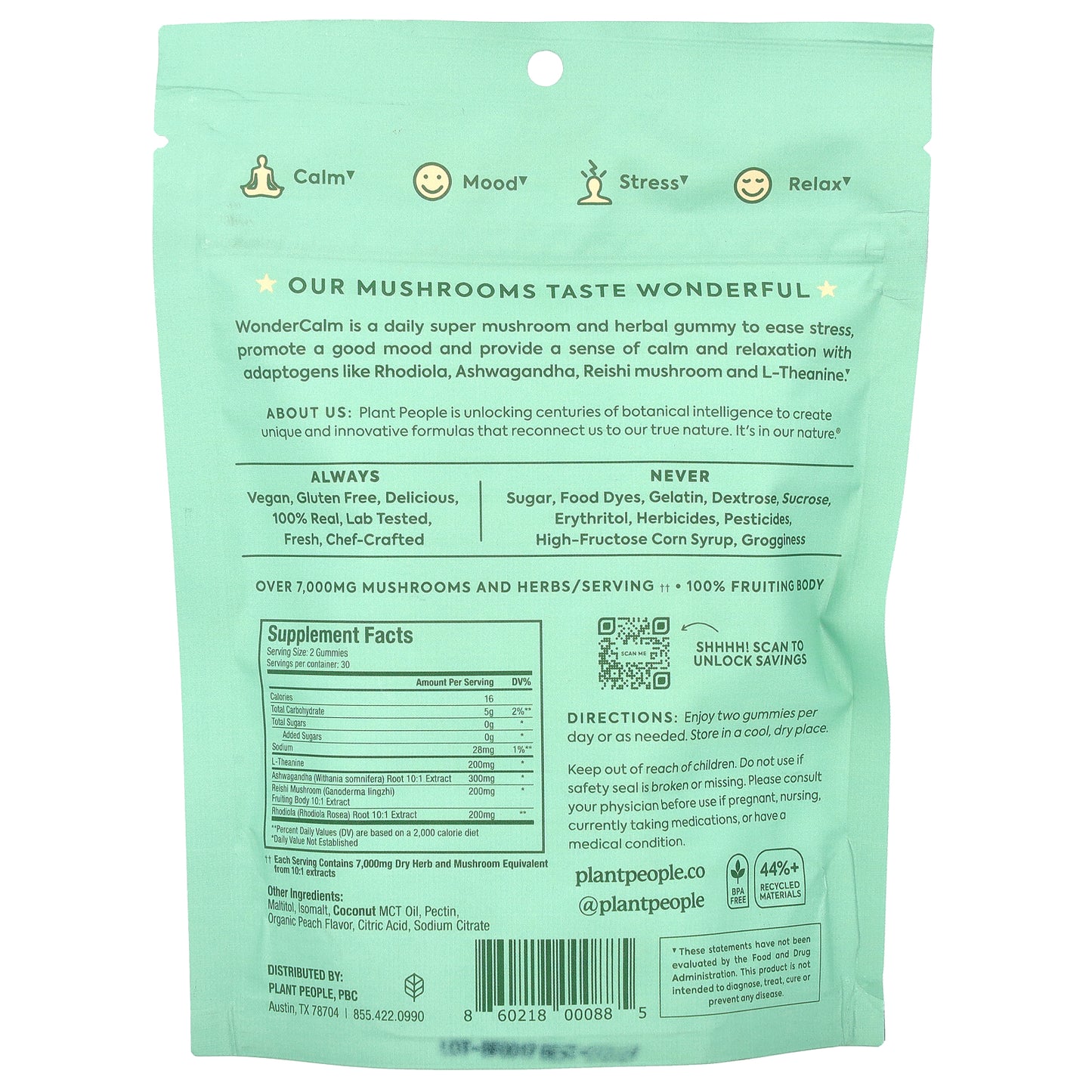 Plant People, WonderCalm®, Mushroom Gummies, Summer Peach, 60 Gummies