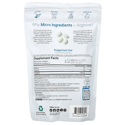 Micro Ingredients, L-Arginine, 300 Softgels (250 mg per Softgel)