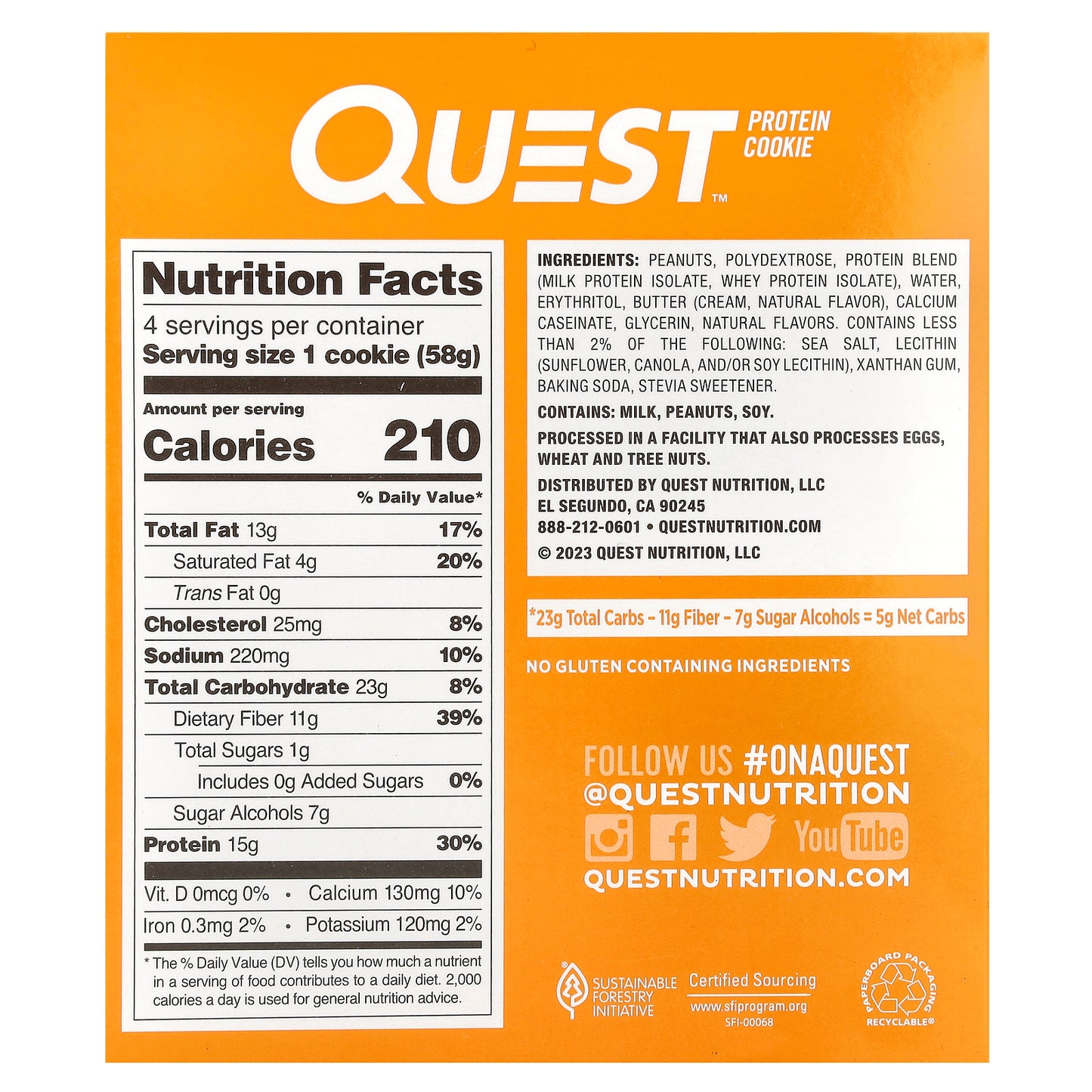 Quest Nutrition, Protein Cookie, Peanut Butter, 4 Cookies, 2.04 oz (58 g) Each