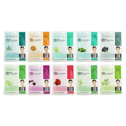 Dermal, Collagen Essence Beauty Masks, Calming, Assorted, 10 Sheets, 0.81 oz (23 g) Each