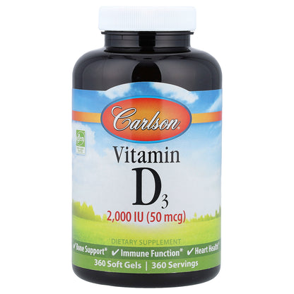 Carlson, Vitamin D3, 50 mcg (2,000 IU), 360 Soft Gels