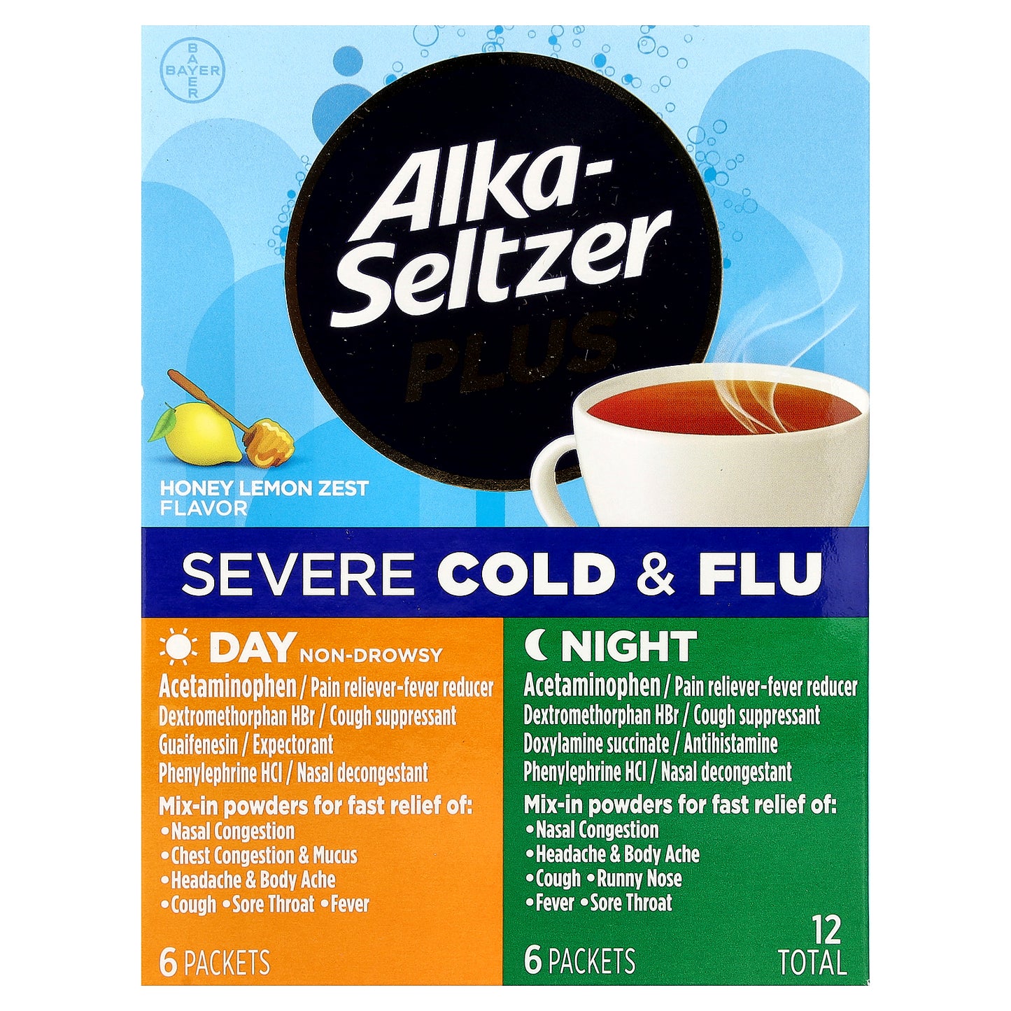 Alka-Seltzer Plus, Severe Cold & Flu, Day & Night, Honey Lemon Zest, 12 Packets
