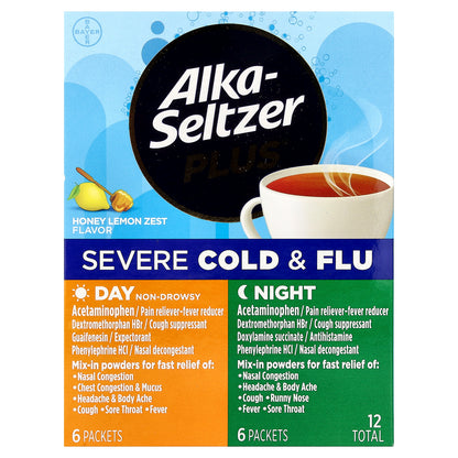 Alka-Seltzer Plus, Severe Cold & Flu, Day & Night, Honey Lemon Zest, 12 Packets