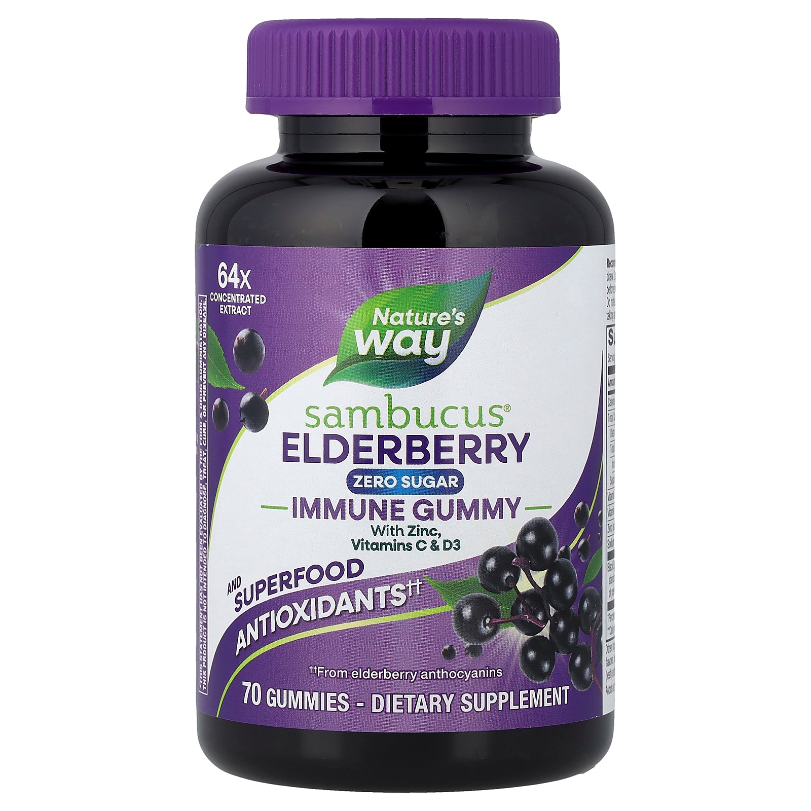Nature's Way, Sambucus® Elderberry, Immune Gummy with Zinc, Vitamins C & D3, 70 Gummies