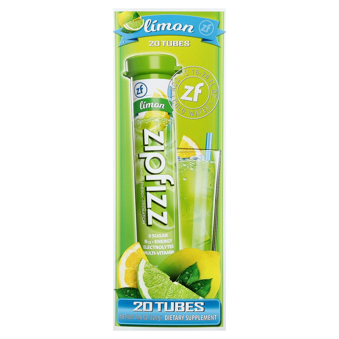 Zipfizz, Vitamin, Energy, Hydration, Loaded With B12, Limon, 20 Tubes, 0.39 oz (11 g) Each