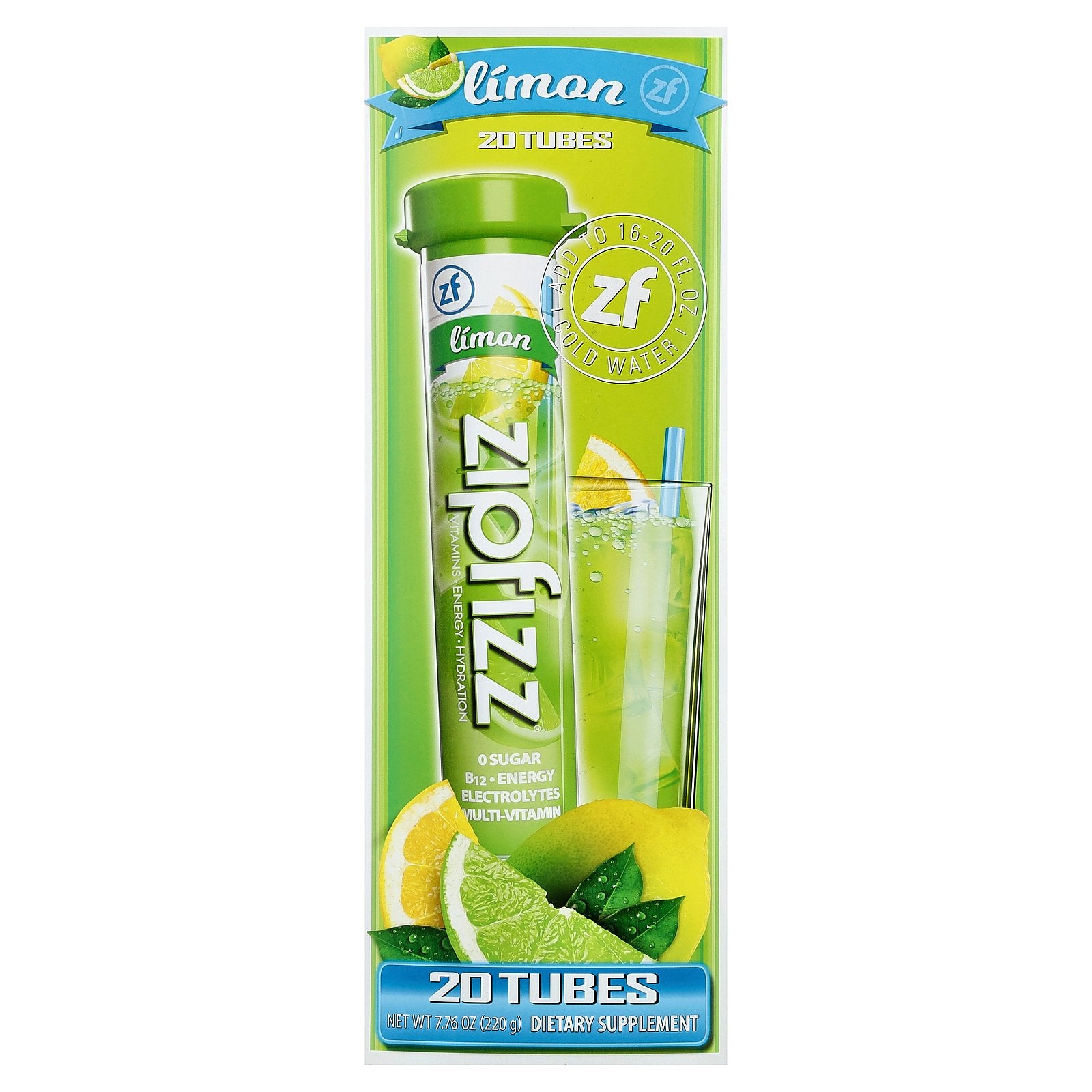 Zipfizz, Vitamin, Energy, Hydration, Loaded With B12, Limon, 20 Tubes, 0.39 oz (11 g) Each