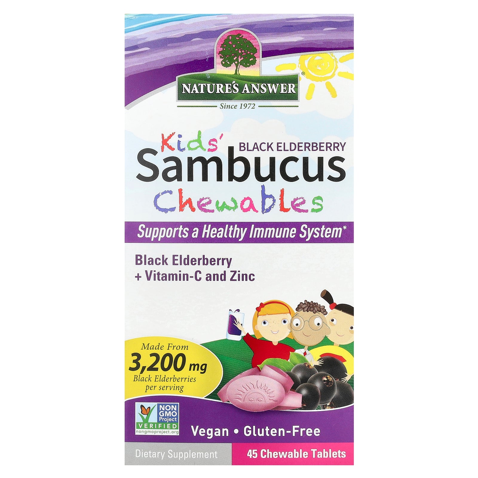 Nature's Answer, Kid's Sambucus Chewables, Black Elderberry + Vitamin-C and Zinc, 45 Chewable Tablets