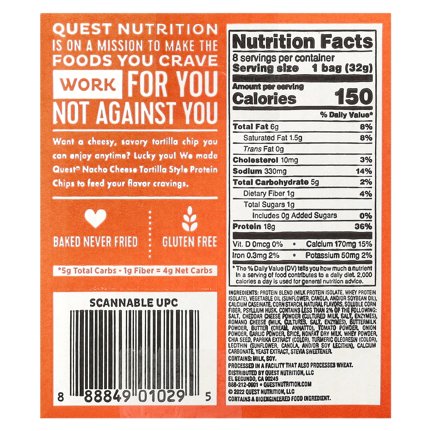 Quest Nutrition, Tortilla Style Protein Chips, Nacho Cheese, 8 Bags, 1.1 oz (32 g ) Each