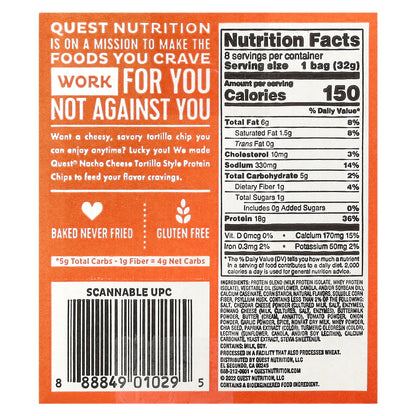 Quest Nutrition, Tortilla Style Protein Chips, Nacho Cheese, 8 Bags, 1.1 oz (32 g ) Each