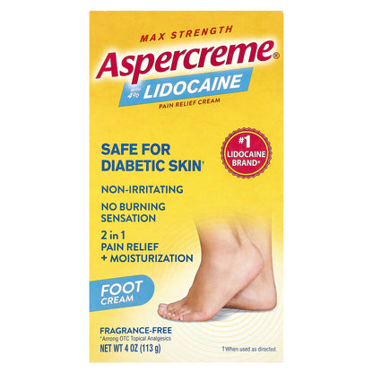 Aspercreme, Pain Relief Foot Cream with 4% Lidocaine, Max Strength, Fragrance-Free, 4 oz (113 g)