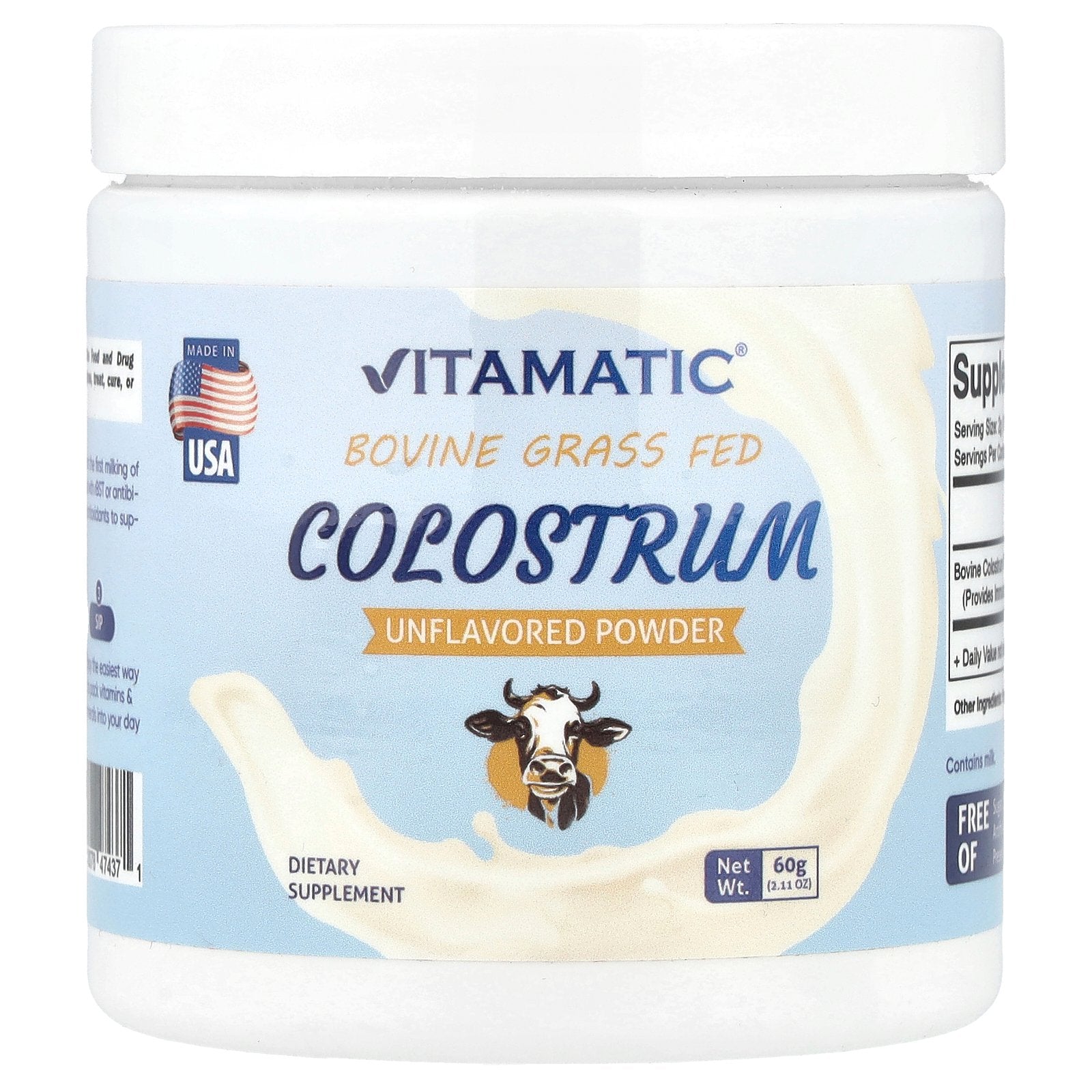 Vitamatic, Bovine Grass Fed Colostrum, Unflavored, 2.11 oz (60 g)
