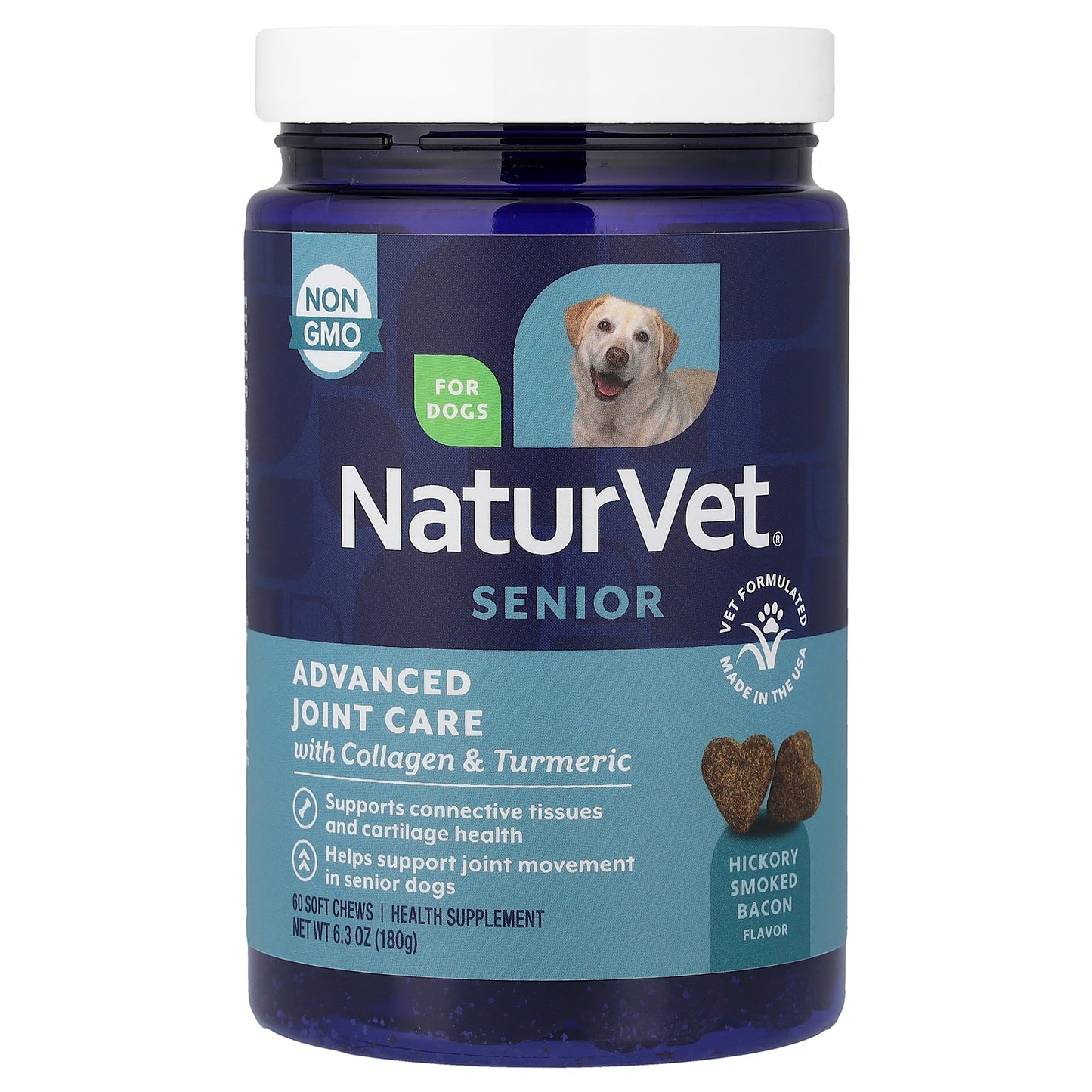 NaturVet, Senior Advanced Joint Care, With Collagen & Turmeric, For Dogs, Hickory Smoked Bacon, 60 Soft Chews, 6.3 oz (180 g)