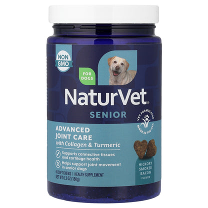 NaturVet, Senior Advanced Joint Care, With Collagen & Turmeric, For Dogs, Hickory Smoked Bacon, 60 Soft Chews, 6.3 oz (180 g)