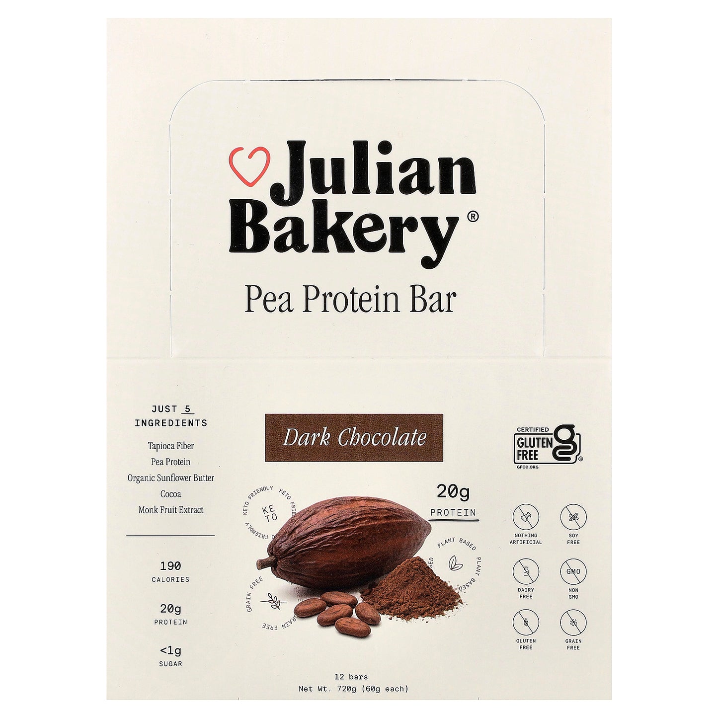 Julian Bakery, Pea Protein Bar, Dark Chocolate, 12 Bars, 2.1 oz (60 g) Each