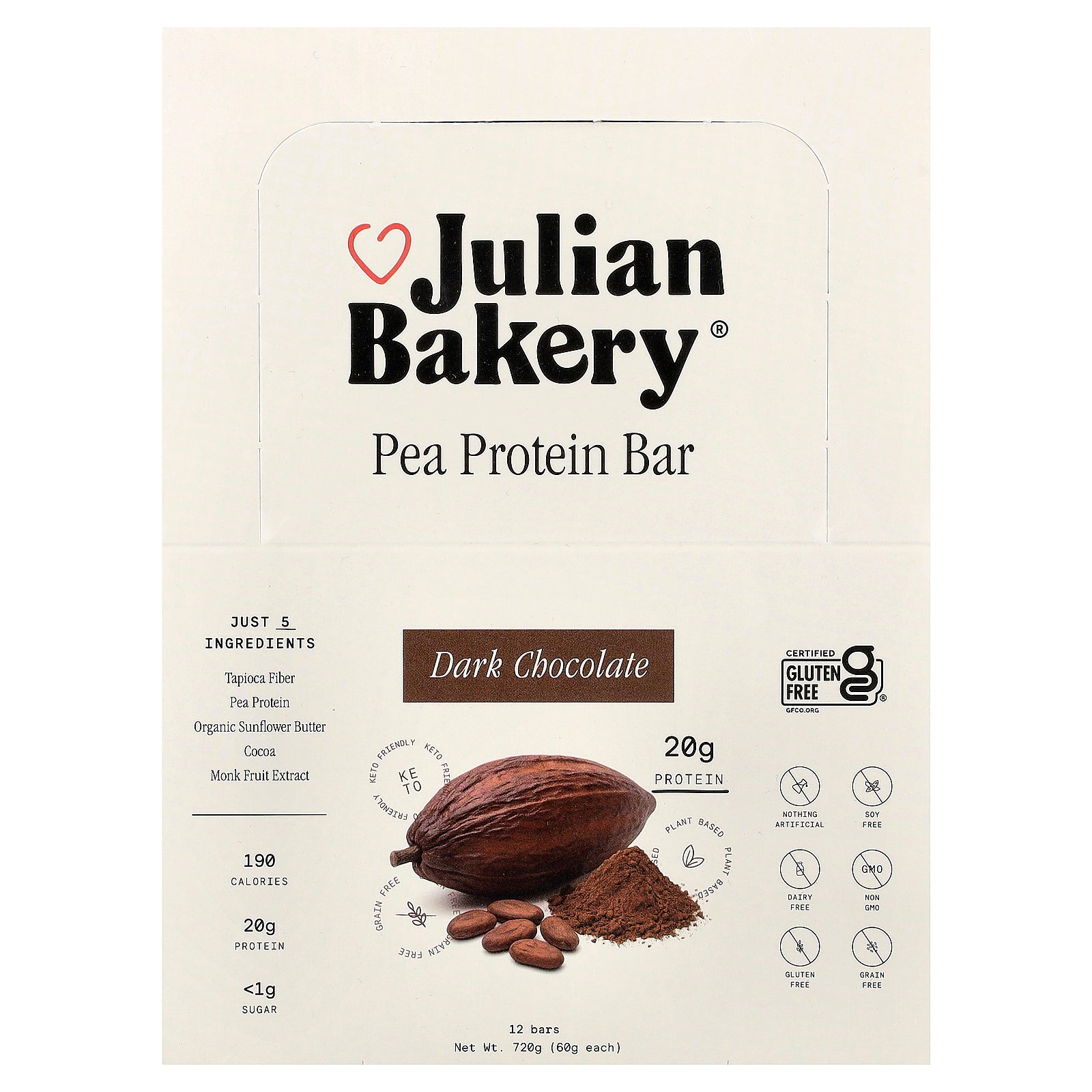 Julian Bakery, Pea Protein Bar, Dark Chocolate, 12 Bars, 2.1 oz (60 g) Each