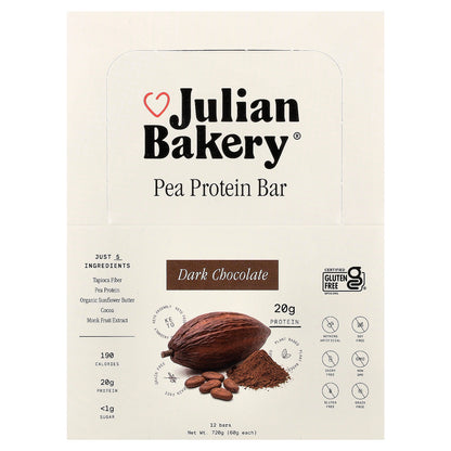 Julian Bakery, Pea Protein Bar, Dark Chocolate, 12 Bars, 2.1 oz (60 g) Each