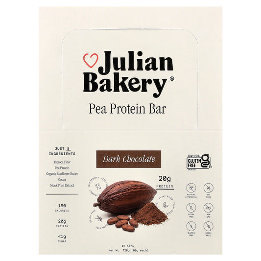 Julian Bakery, Pea Protein Bar, Dark Chocolate, 12 Bars, 2.1 oz (60 g) Each