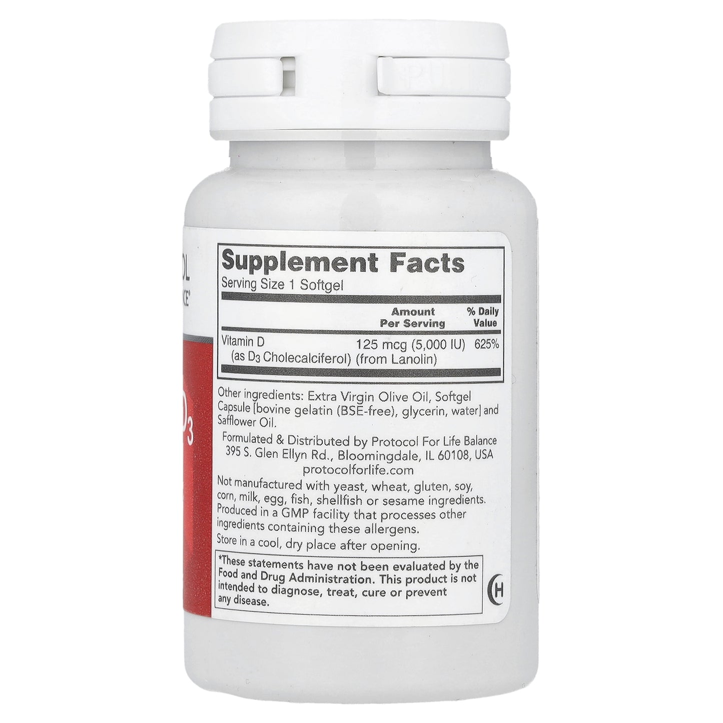 Protocol for Life Balance, Vitamin D3, High Potency, 125 mcg (5,000 IU), 120 Softgels