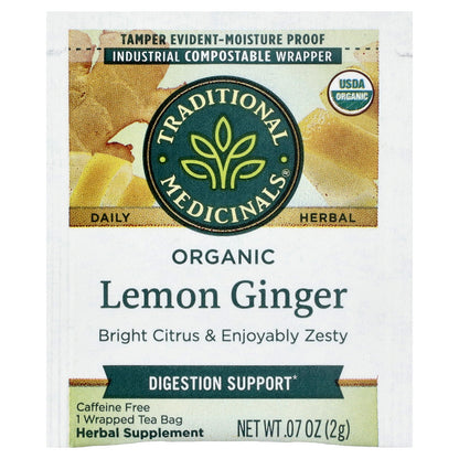 Traditional Medicinals, Organic Lemon Ginger, Caffeine Free, 16 Wrapped Tea Bags, 1.13 oz (32 g)