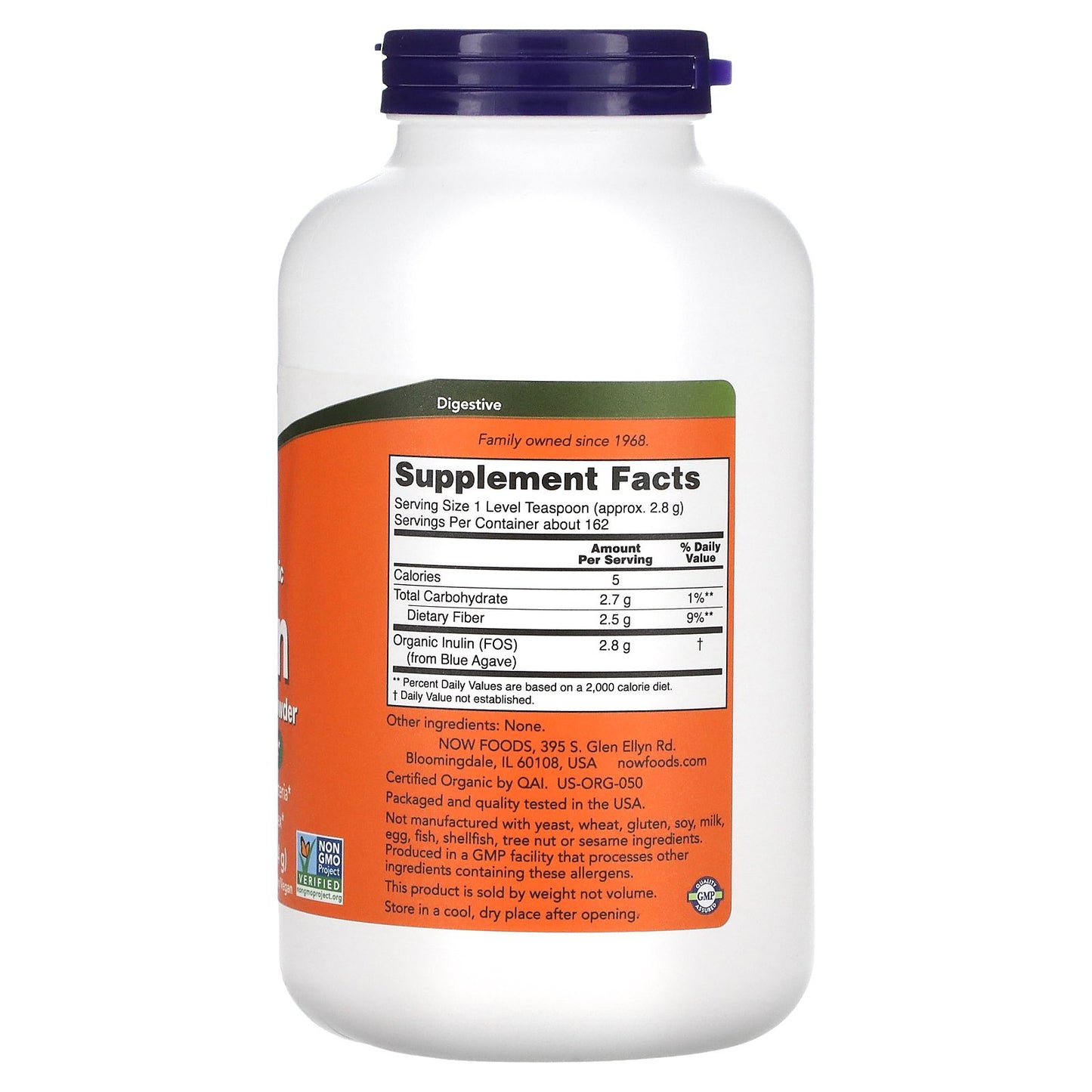 NOW Foods, Certified Organic Inulin, Prebiotic Pure Powder, 1 lb (454 g)