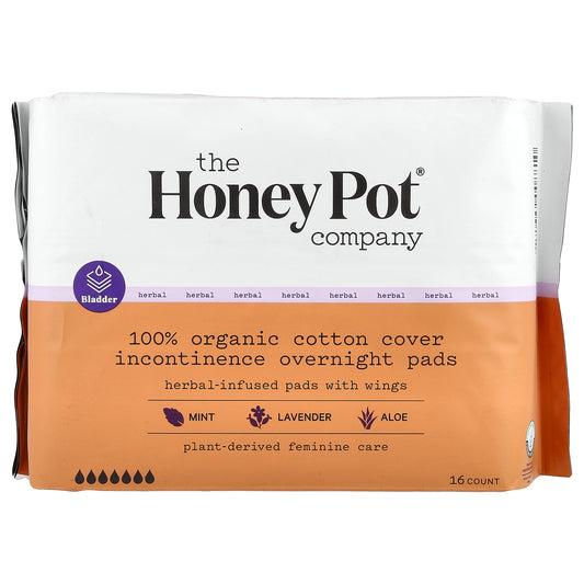 The Honey Pot Company, 100% Organic Cotton Cover, Herbal-Infused Pads With Wings, Incontinence Overnight, 16 Count