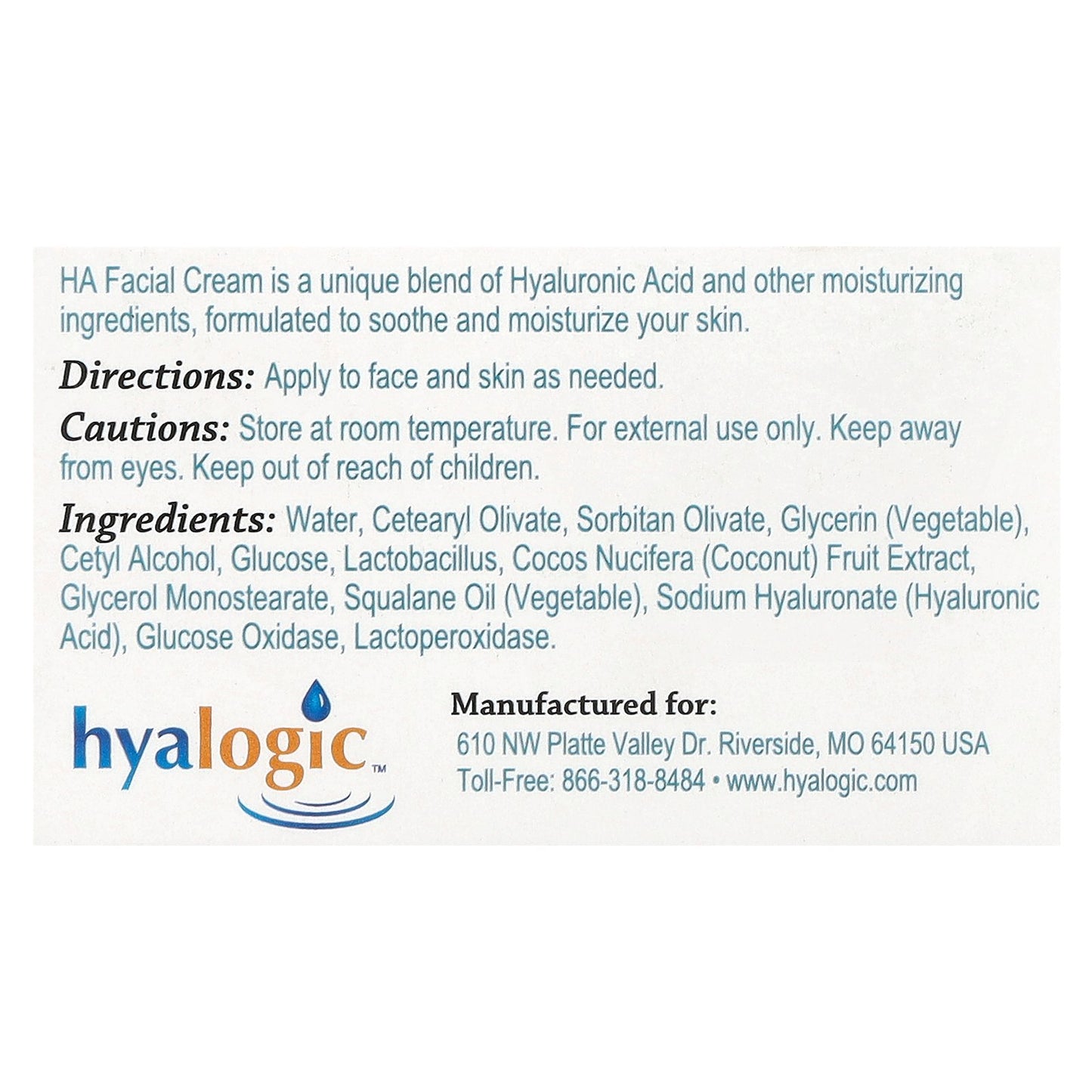 Hyalogic, HA Facial Cream with Hyaluronic Acid, Fragrance Free, 2 oz (56.7 g)