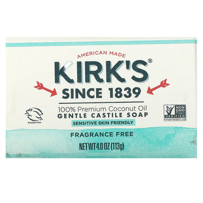 Kirk's, 100% Premium Coconut Oil Gentle Castile Bar Soap, Fragrance Free, 4 oz (113 g)