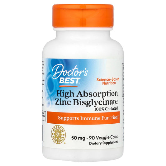 Doctor's Best, High Absorption Zinc Bisglycinate, 50 mg, 90 Veggie Caps