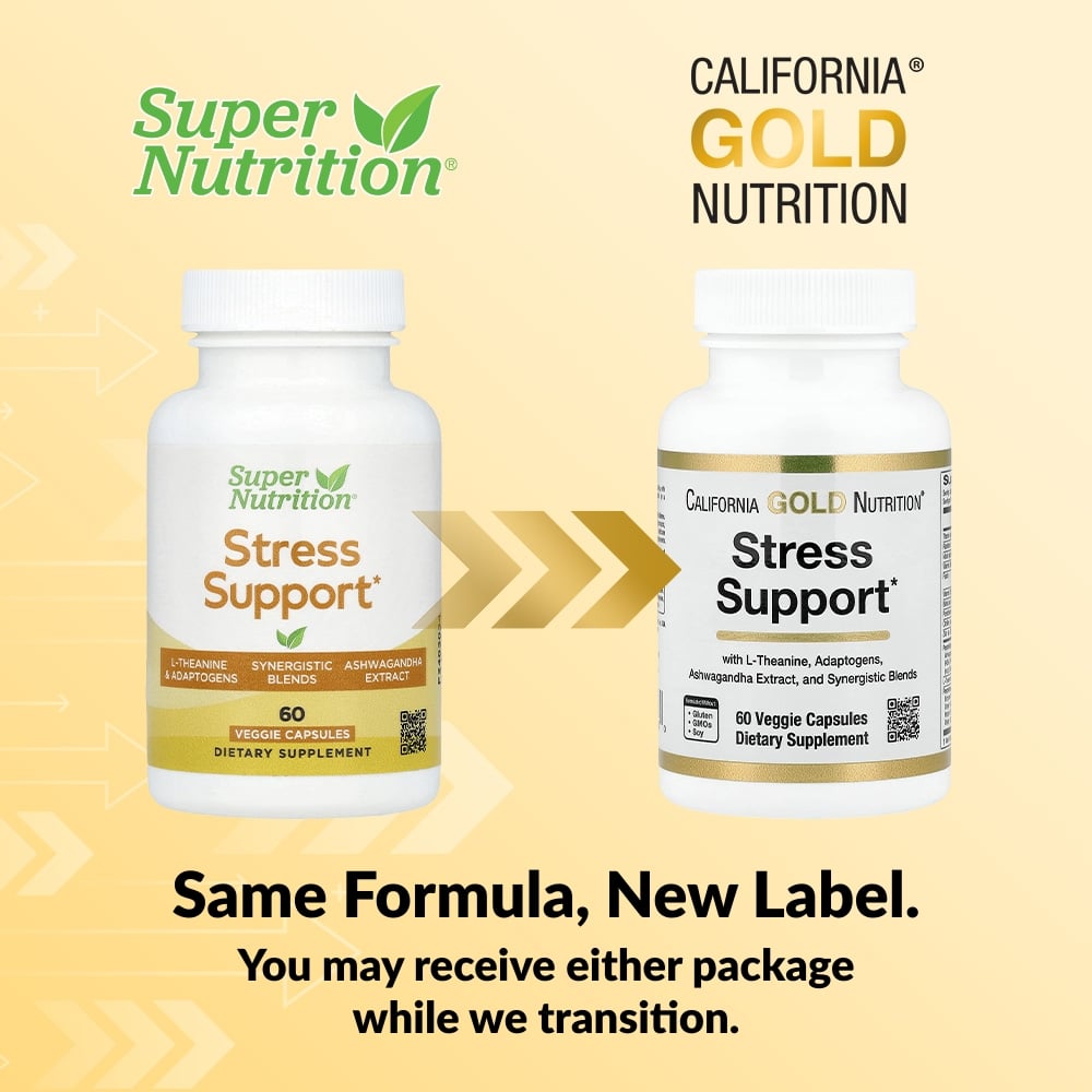 California Gold Nutrition, Stress Support with L-Theanine, Ashwagandha, Botanical Blend, and Enzymes, 60 Veggie Capsules