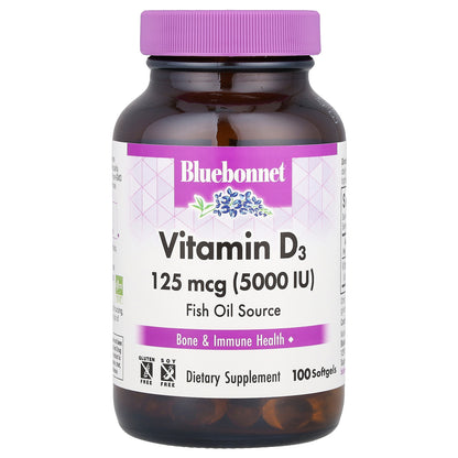 Bluebonnet Nutrition, Vitamin D3, 125 mcg (5,000 IU), 100 Softgels